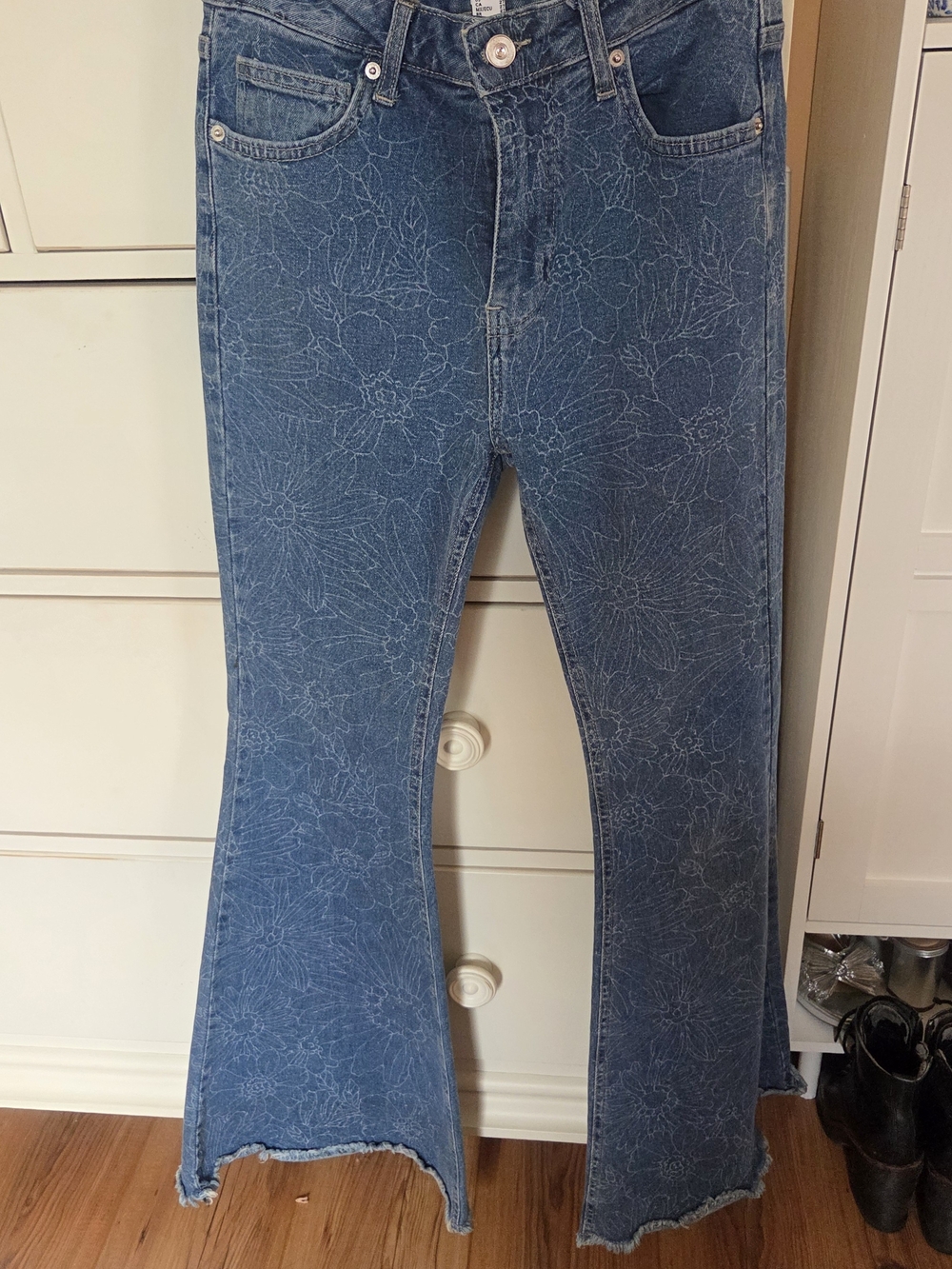 Forever 21 Blue Floral-Engraved Flare Jeans